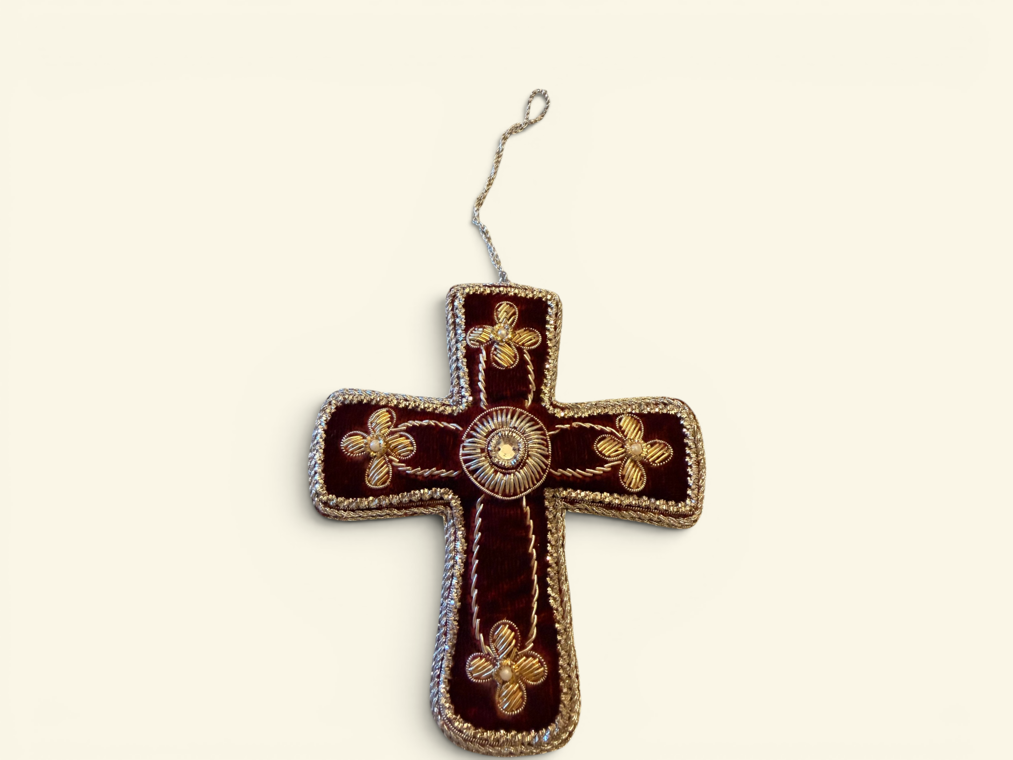 Burgundy Velvet Rosette Cross Ornament